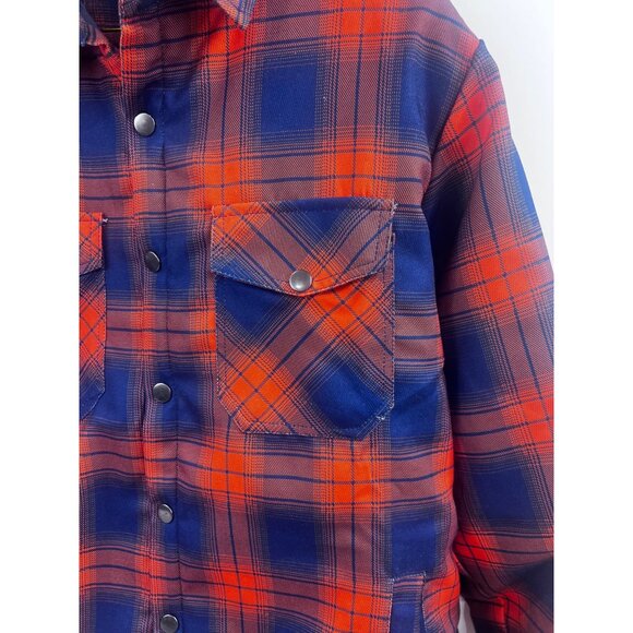 Men's Quilted Flannel Shirt Jacket Plaid Blue & Orange Sz. L Pearl Snap Vintage - Picture 5 of 13